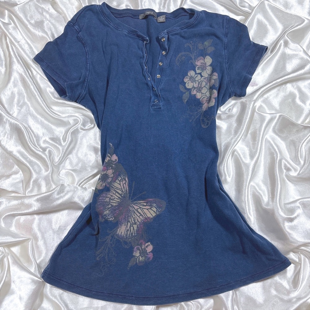 y2k Henley Top Navy Blue Excellent Butterfly Floral Graphic Apt 9 S